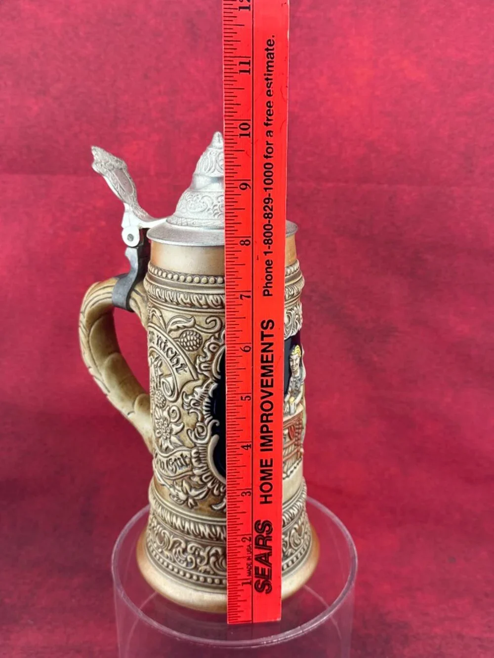 VINTAGE GERMAN TAVERN SCENE LIDDED TAN BACKGROUND BEER STEIN CERAMARTE 9 3/4 in